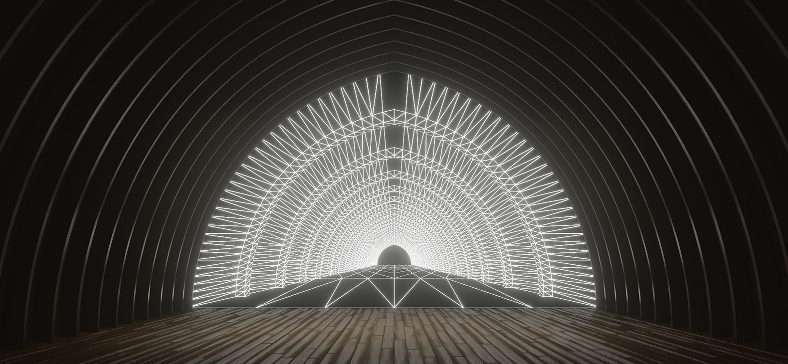 Simulation zur Ausstellung "Another Place" von Pavel Mrkus im Schafhof - Europäisches Künstlerhaus Oberbayern; eine komplexe weiße Linienstruktur füllt die Stirnwand des Tonnenweölbes im Schafhof, ausgehend vom Fluchtpunkt der Zentralperspektive