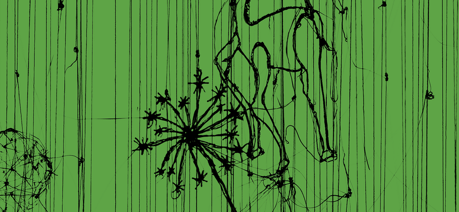 Zipora Rafaelov: Auf den Grund schauen (Ausschnitt) 2021, Foto: Marco Vedana, Bearbeitung: Florian Marschall - Schwarze Grafik auf grünem Hintergrund, Darstellung zwischen abstrakt und figürlich, florale Motive