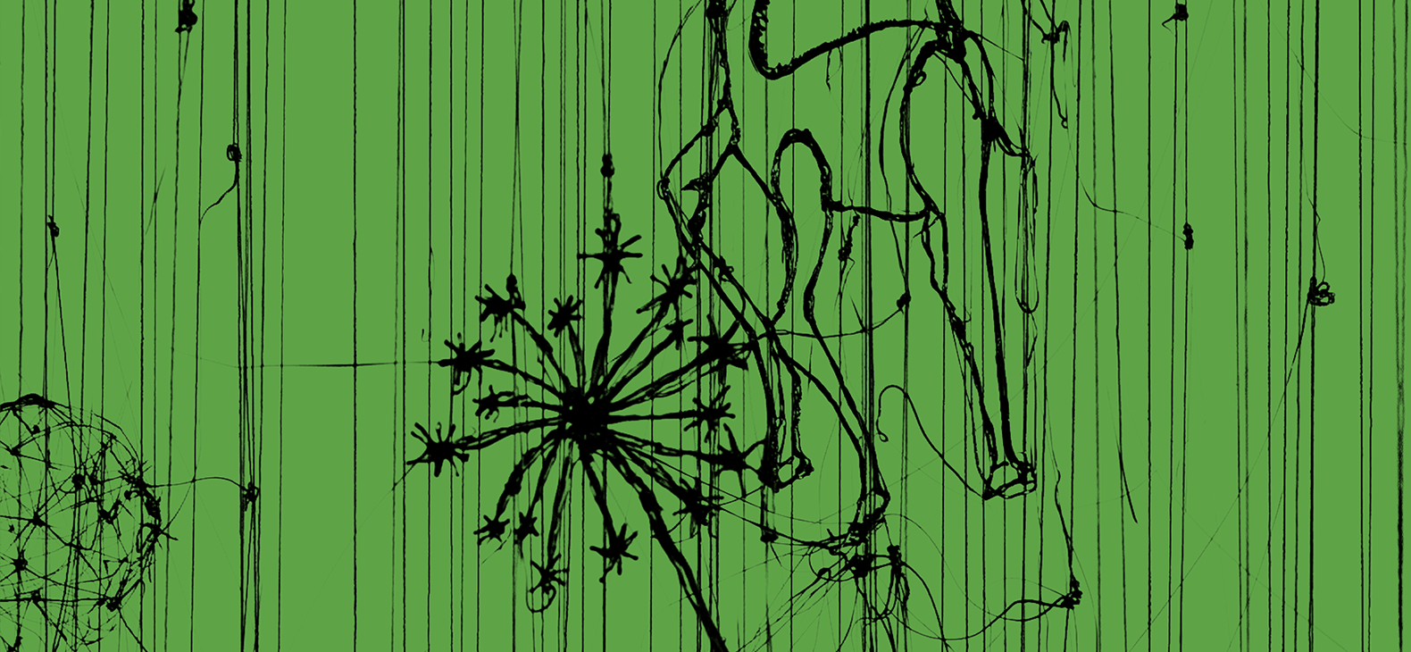 Zipora Rafaelov: Auf den Grund schauen (Ausschnitt) 2021, Foto: Marco Vedana, Bearbeitung: Florian Marschall - Schwarze Grafik auf grünem Hintergrund, Darstellung zwischen abstrakt und figürlich, florale Motive