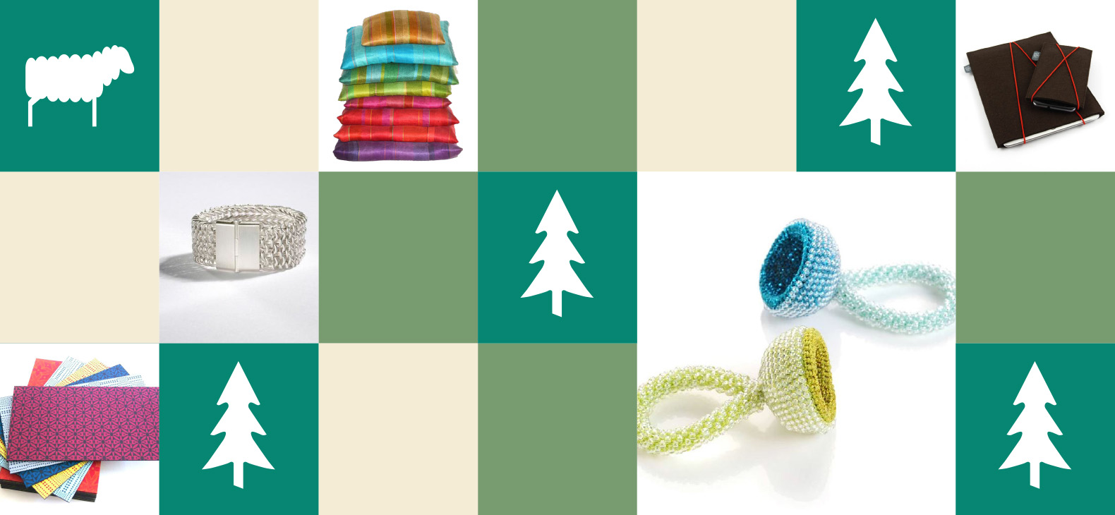 A pattern of colored squares (sage green-ivory-turquoise green) showing white shapes of a sheep and fir trees and images of craft items such as pillows, rings, paperwork, woolwork 