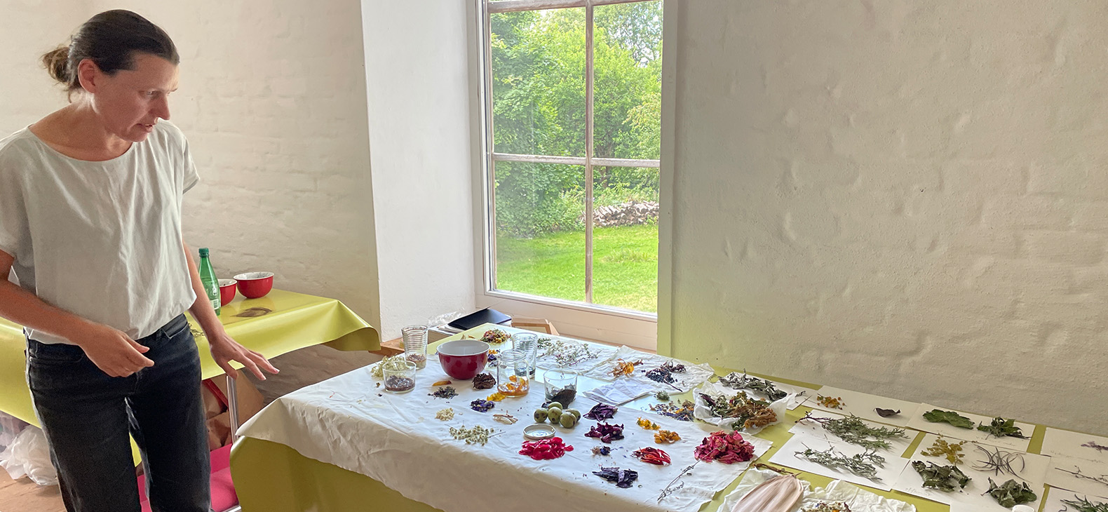 Künstlerin Valerie Leray in ihrem Atelier am Schafhof - Europäisches Kunstforum Oberbayern. Sie betrachtet ihr auf dem Tisch arrangiertes Arbeitsmaterial, welches aus Pflanzen, Blüten und kleinen Früchten besteht. Im HIntergrund kann man durch ein Fenster in den Garten des Schafhofs sehen.