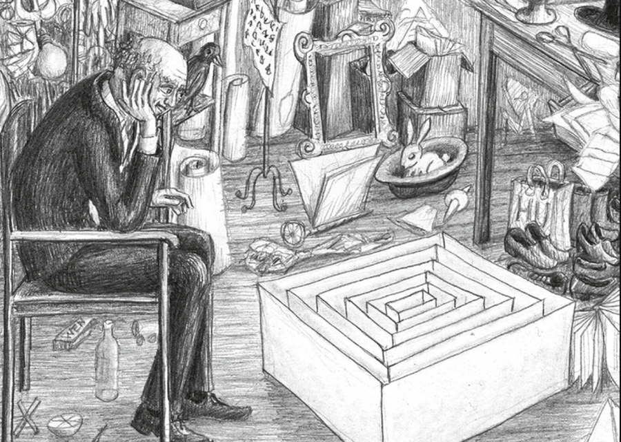 Zeichnung eines älteren Mannes, der in einem Stuhl sitzt, den Kopf auf die Hände stützt und auf ein Objekt am Boden blickt, bei den viele Schachteln ineinander gesetzt sind.