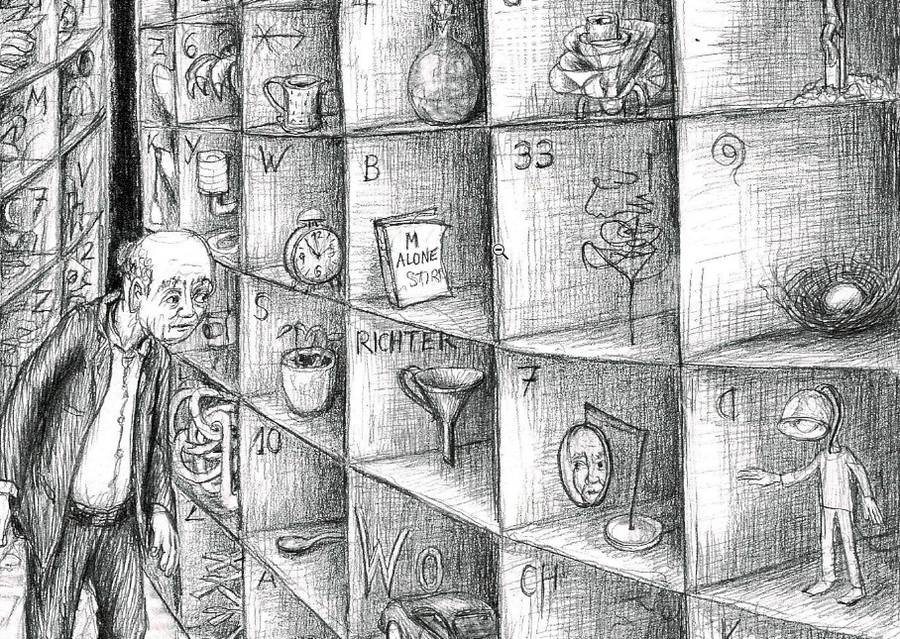 Kunstwerk: Die Zeichnung zeigt einen alten Mann vor hohen Regalwänden, in denen Fächer mit Zeichen bzw. Buchstaben beschriftet sind, in denen sich kleine Objekte befinden.